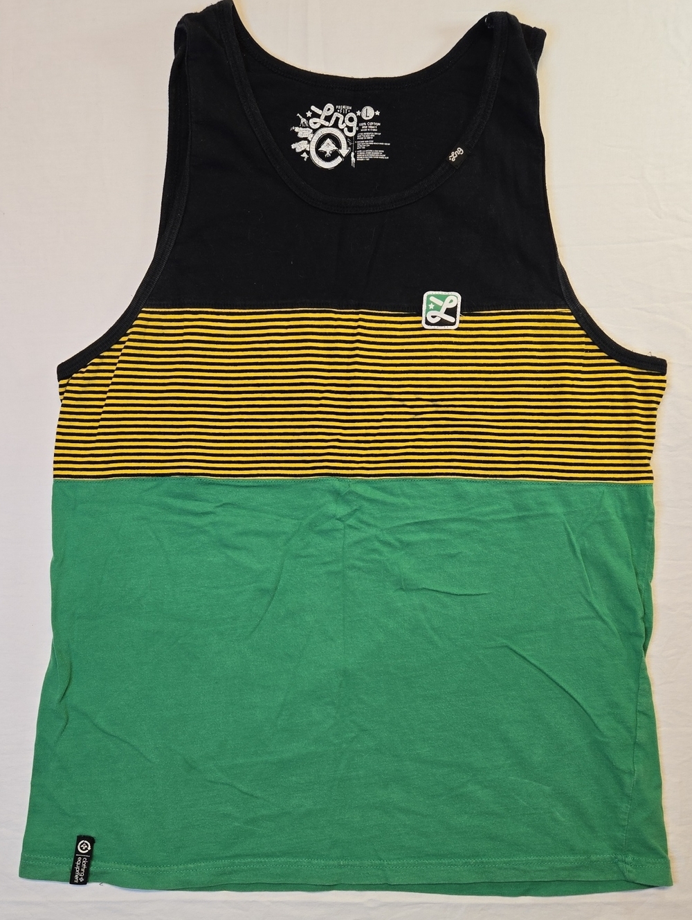LRG Stripe Block Pattern Tank Top Muscle Shirt Green, Yellow & Black Vintage Y2K